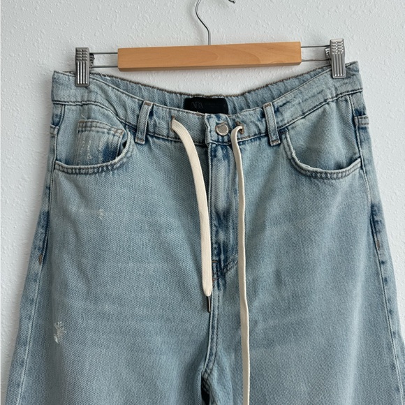 ZARA Wide Leg Flare Jeans Light Wash High Rise US 4 High Waist Crop Denim Pants - Picture 4 of 12